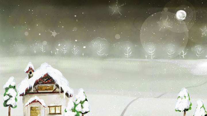 Snowfall On Small Hut And Trees